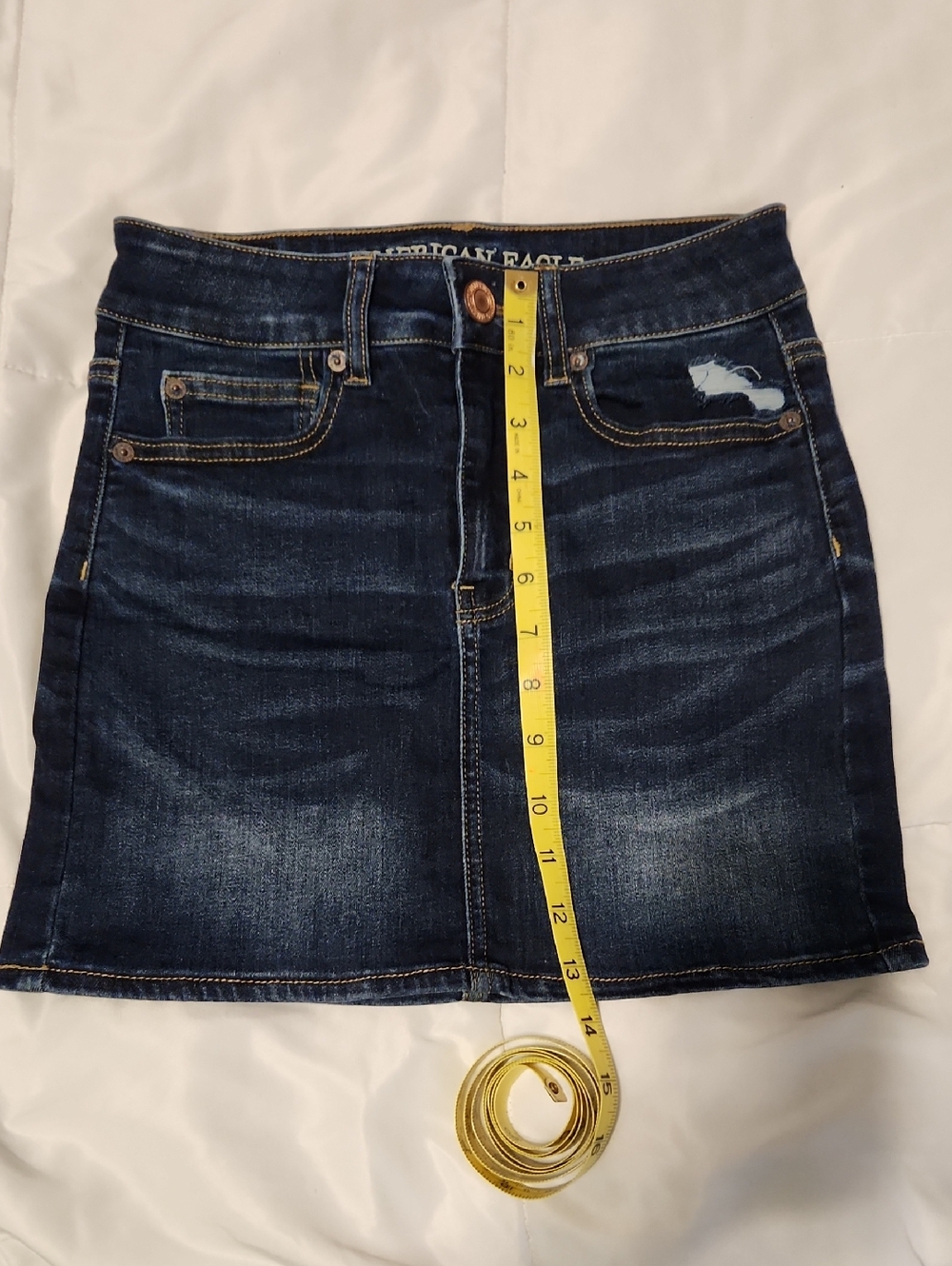 American Eagle Outfitters Dark Blue Denim Mini Skirt with Distressed Detail